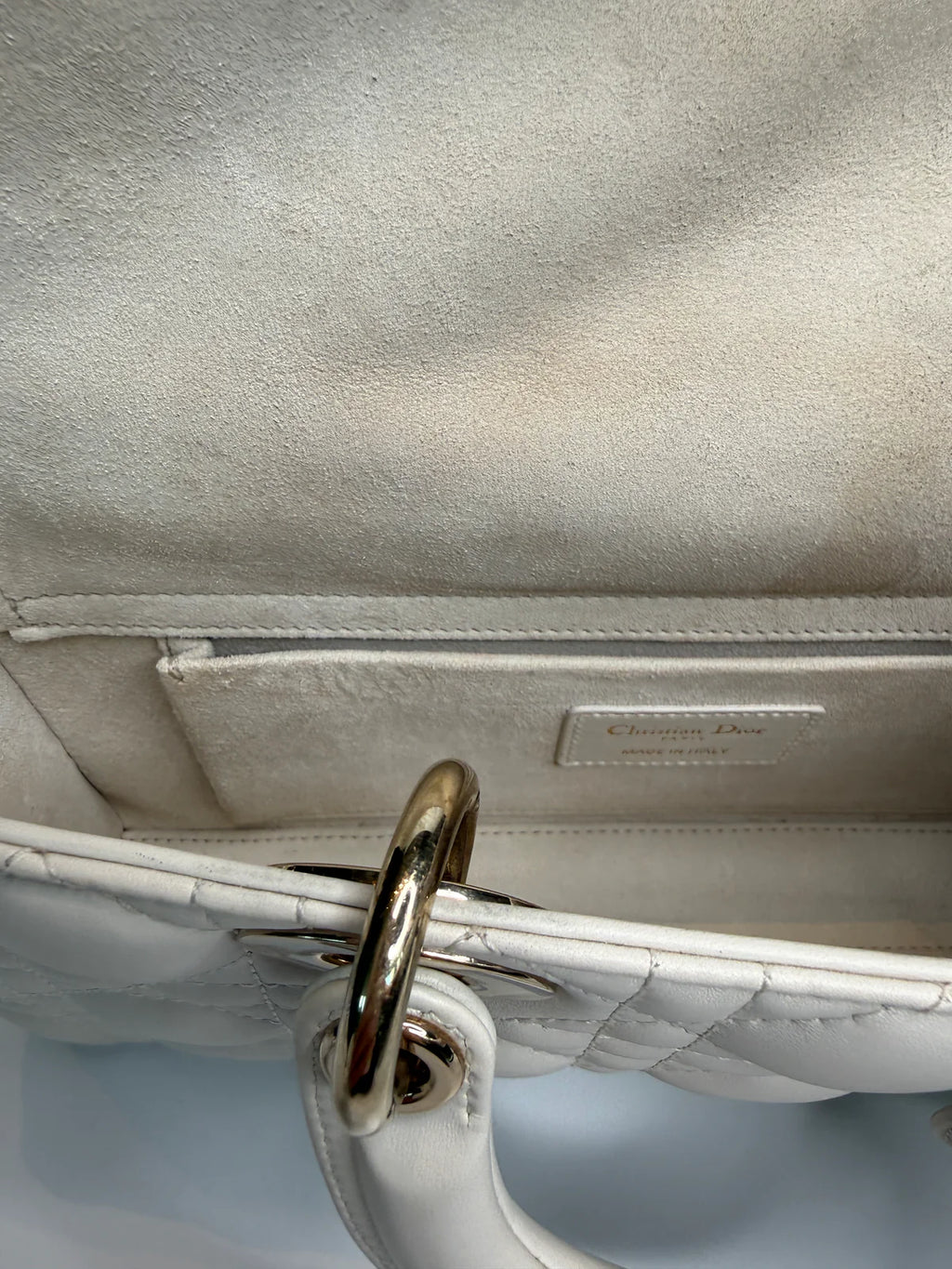 CHRISTIAN DIOR MEDIUM D-JOY BAG IN LATTE WITH PALE GOLD HARDWARE