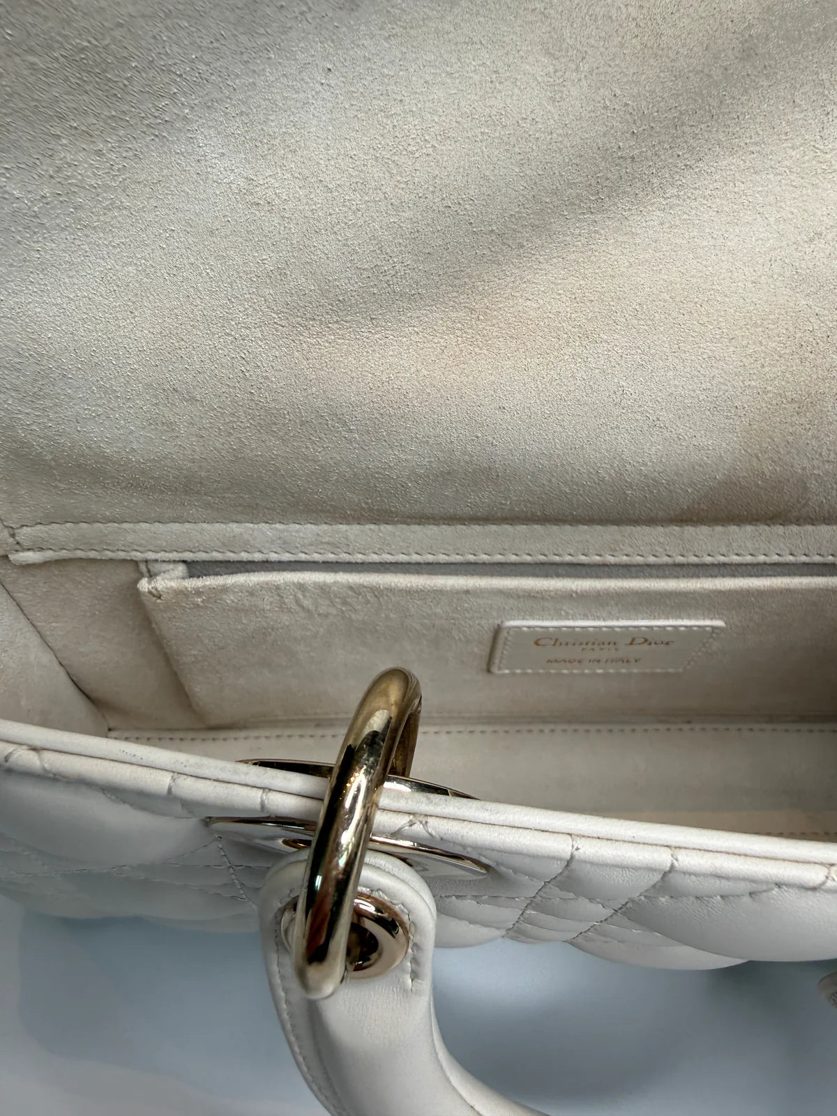 CHRISTIAN DIOR MEDIUM D-JOY BAG IN LATTE WITH PALE GOLD HARDWARE
