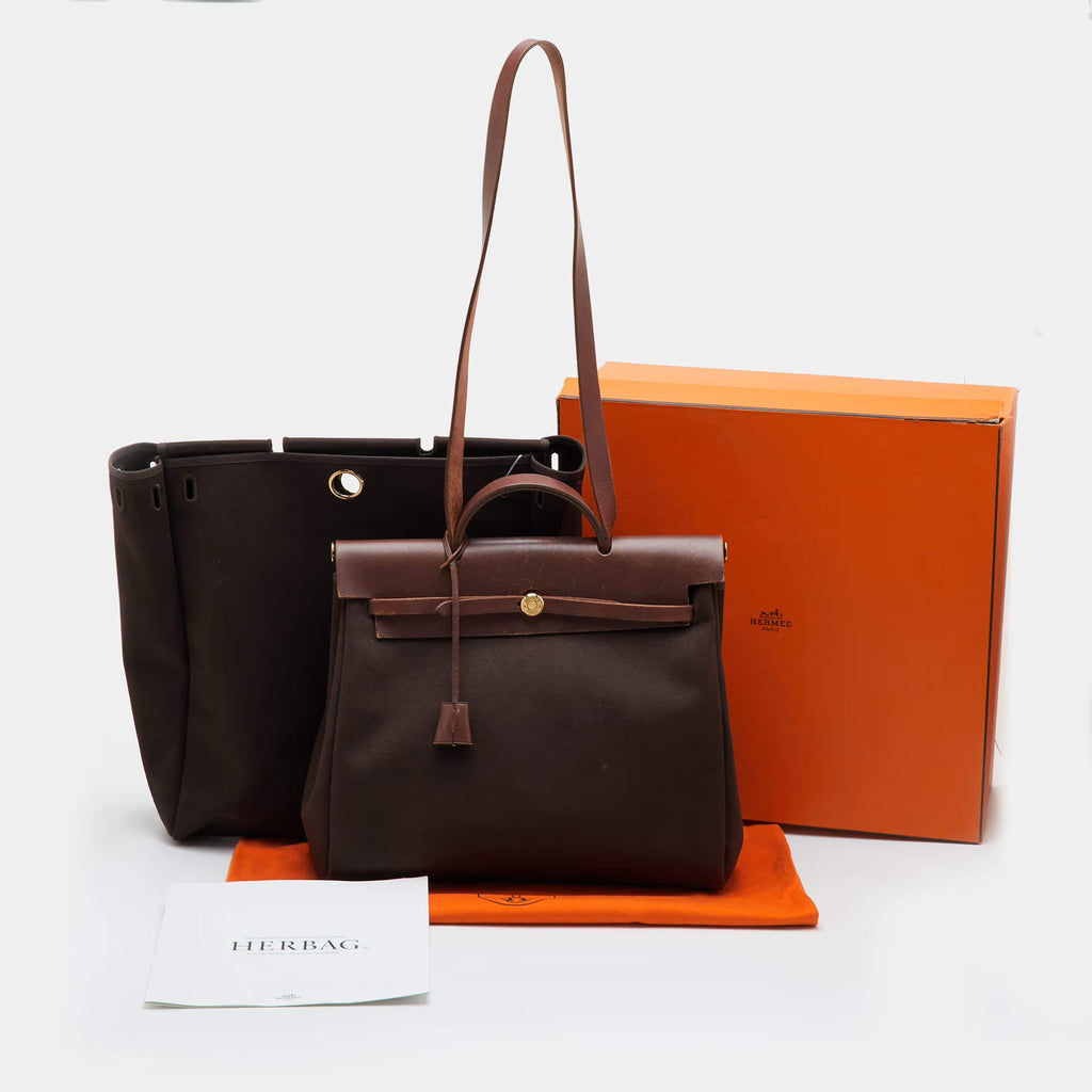 Hermes Herbag 39 Chocolate/Terre Toile and Vache Leather Top Handle Bag