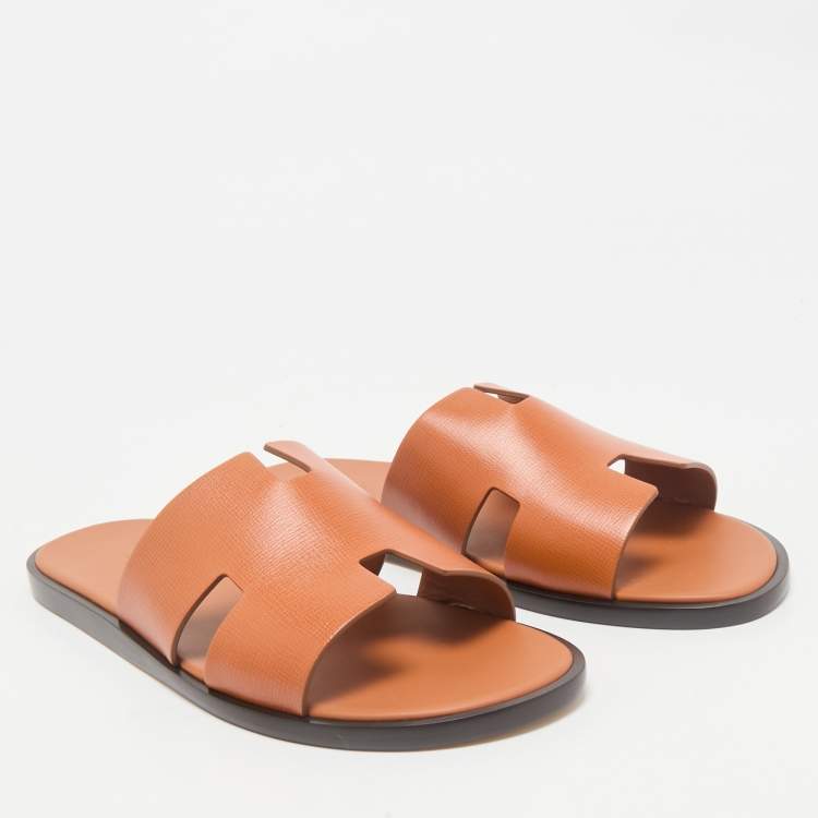 Hermès Orange Leather Izmir Flat Slides Size 45
