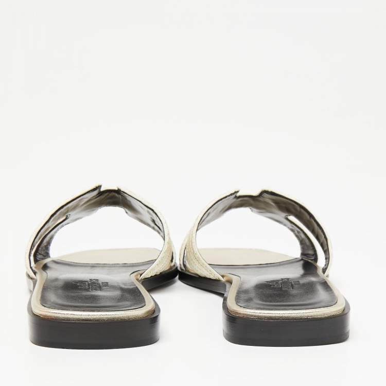 Hermes Beige Fabric Oran Dabka Embroidery Flat Slides Size 37