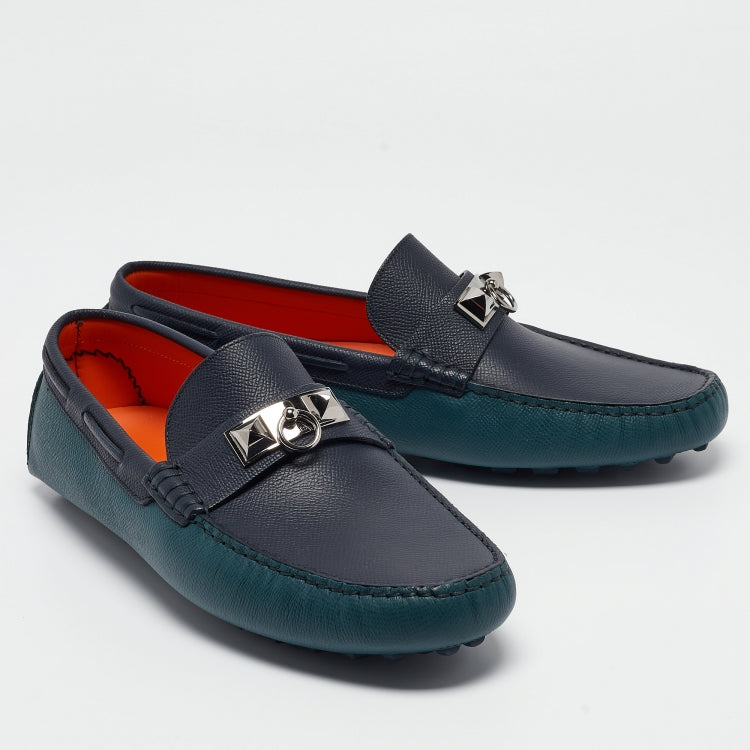 Hermès Green/Navy Blue Leather Irving Loafers Size 43.5