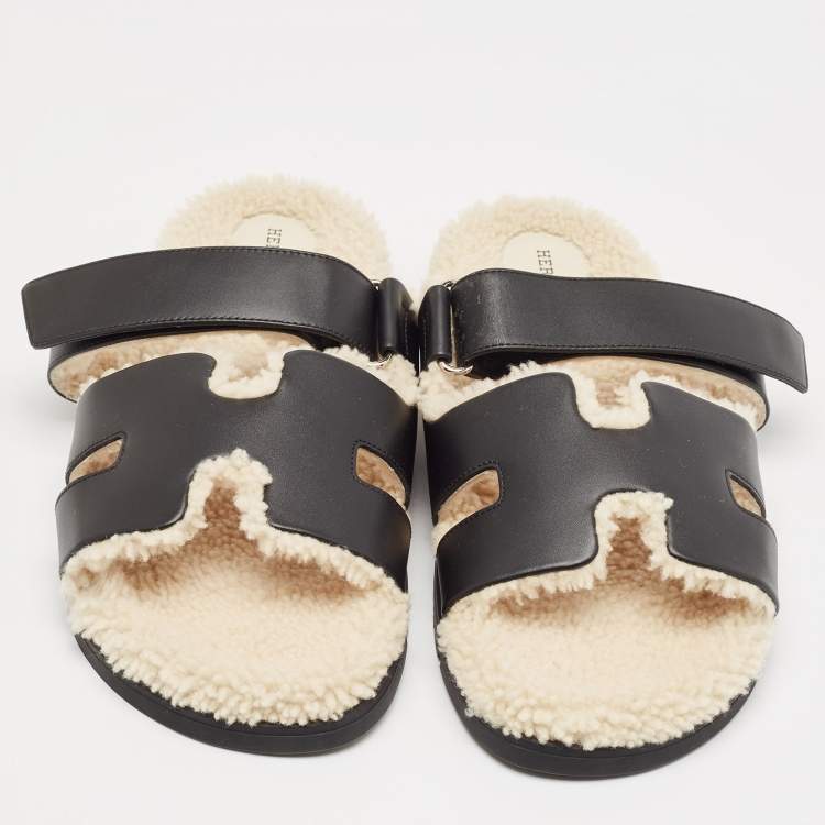 Hermes Black Leather and Shearling Fur Lined Chypre Sandals Size 45.5