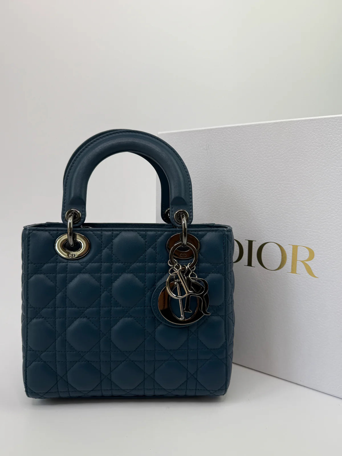 CHRISTIAN DIOR LADY DIOR SMALL BAG IN DENIM BLUE WITH SILVER HARDWARE