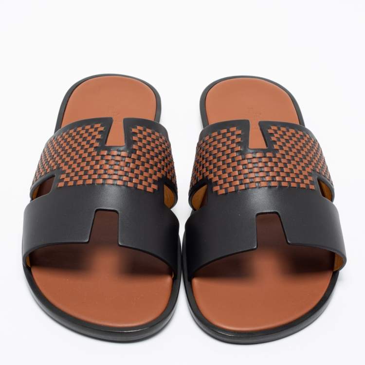Hermes Black/Brown Leather Izmir Flat Sandals Size 44