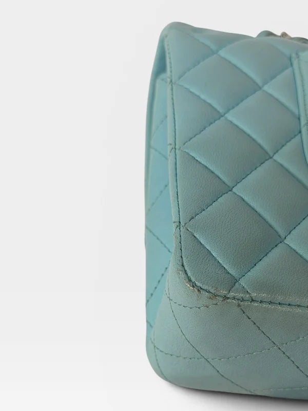 CHANEL MEDIUM DOUBLE CLASSIC FLAP LIGHT BLUE LAMBSKIN SILVER HARDWARE