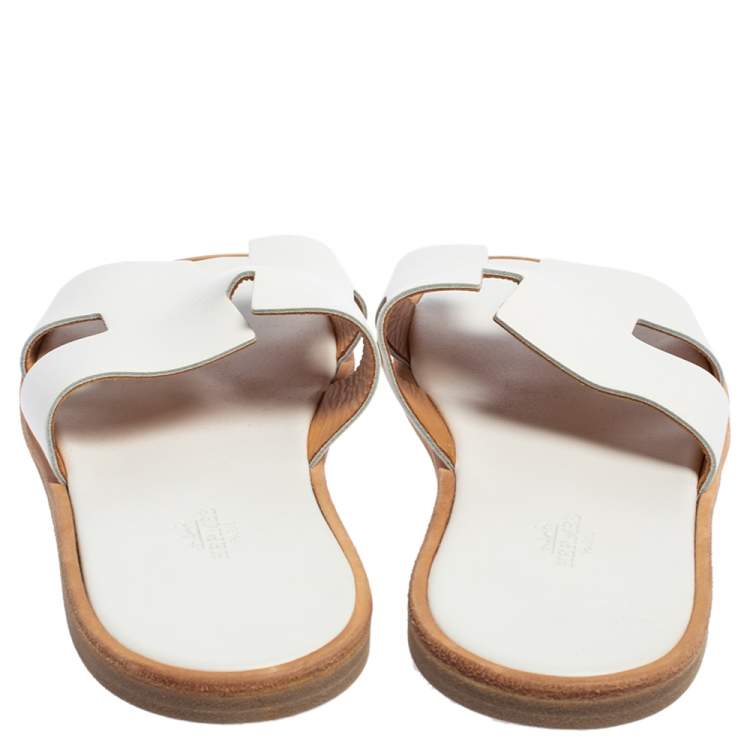 Hermes White Leather Izmir Flat Slides Size 43.5