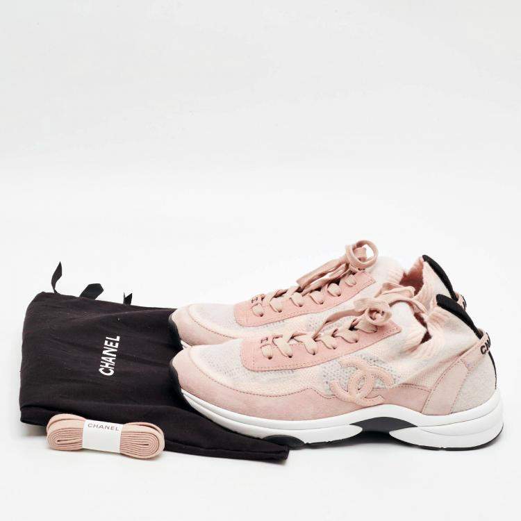 Chanel CC Size 40.5 Two Tone Knit Fabric and Suede Lace Up Sneakers