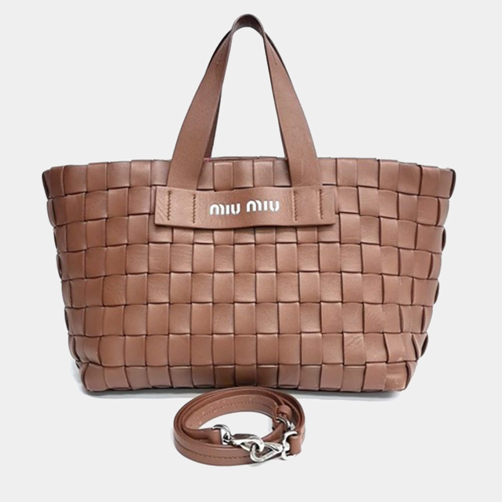 Miu Miu Brown Woven Leather Tote and Shoulder Bag