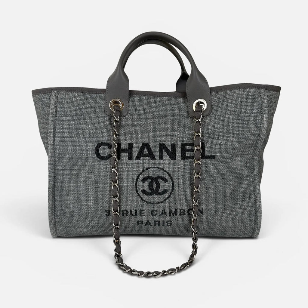 CHANEL MEDIUM DEAUVILLE TOTE BAG IN DENIM BLUE WITH SILVER HARDWARE