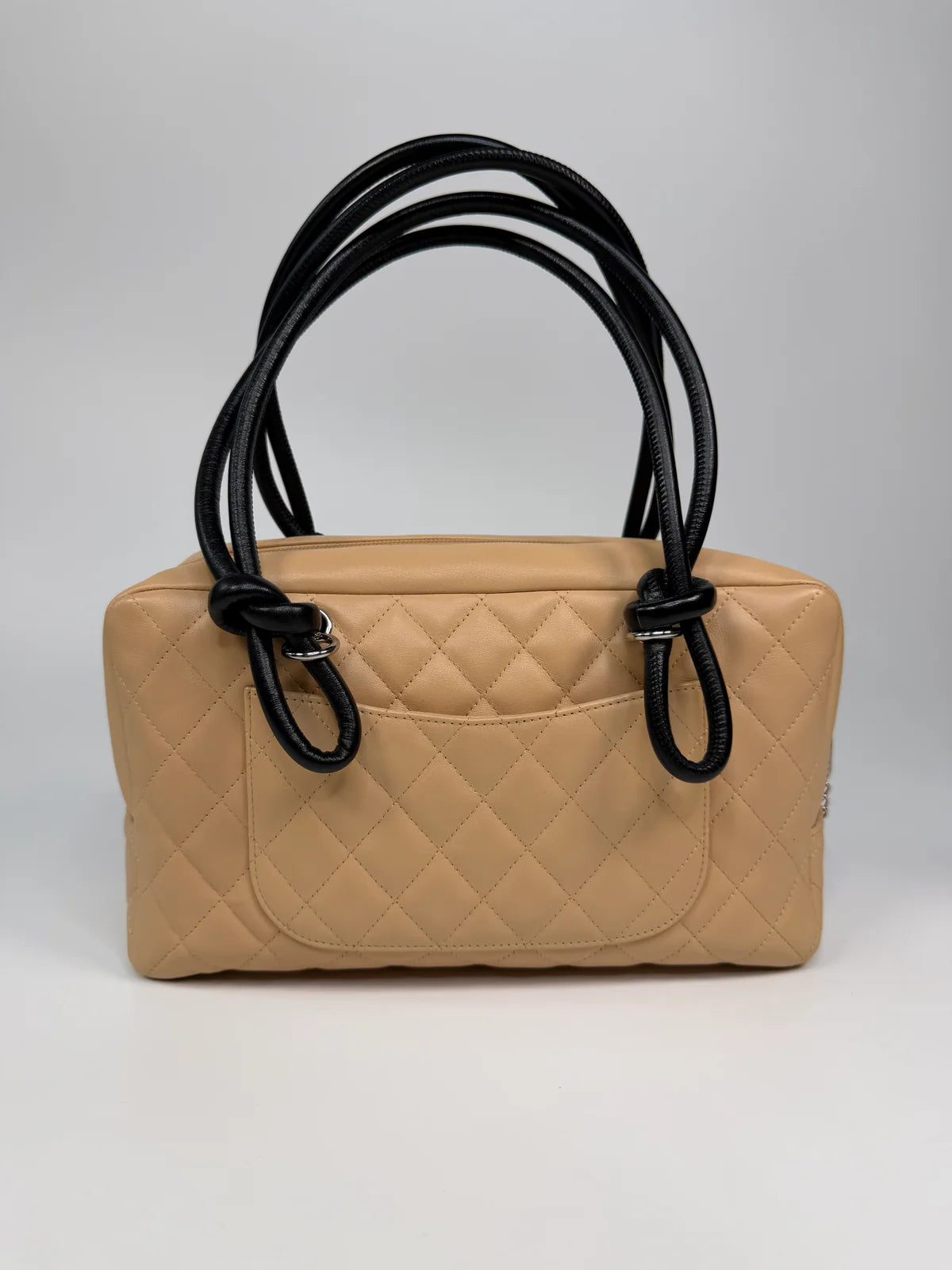 CHANEL CAMBON BOWLING BAG IN BEIGE / BLACK LAMBSKIN LEATHER WITH SILVER HARDWARE