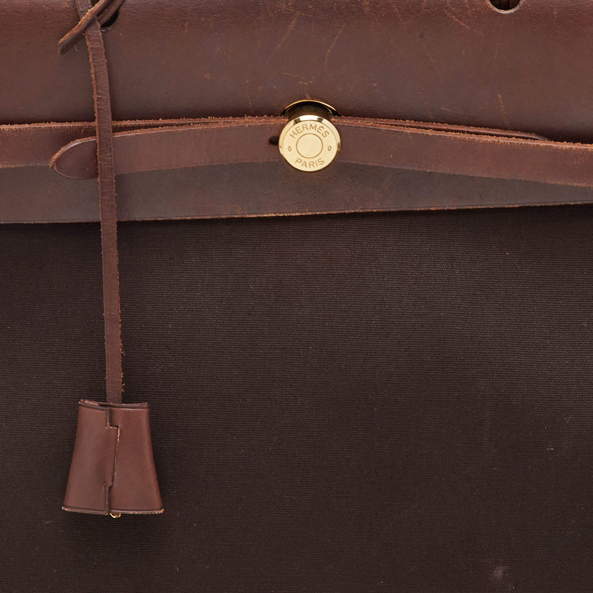 Hermes Herbag 39 Chocolate/Terre Toile and Vache Leather Top Handle Bag