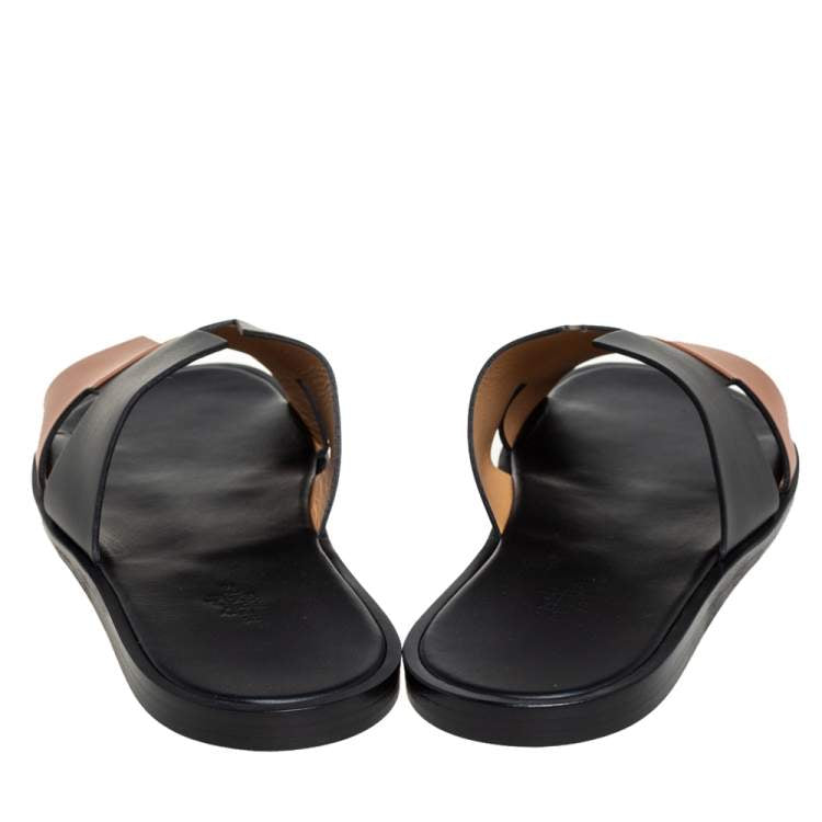 Hermés Black/Brown Leather Izmir Flat Slides Size 44