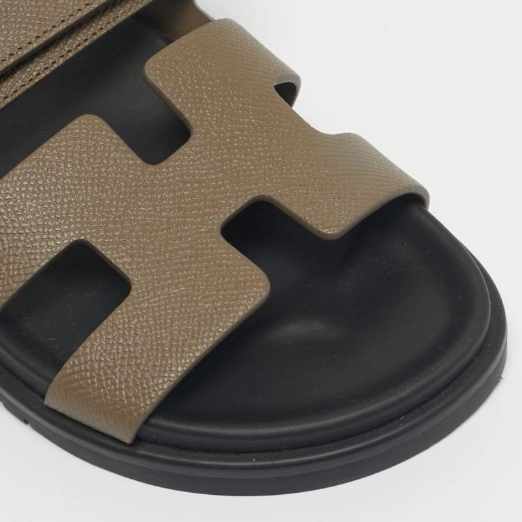 Hermes Green Leather Chypre Slide Sandals Size 34
