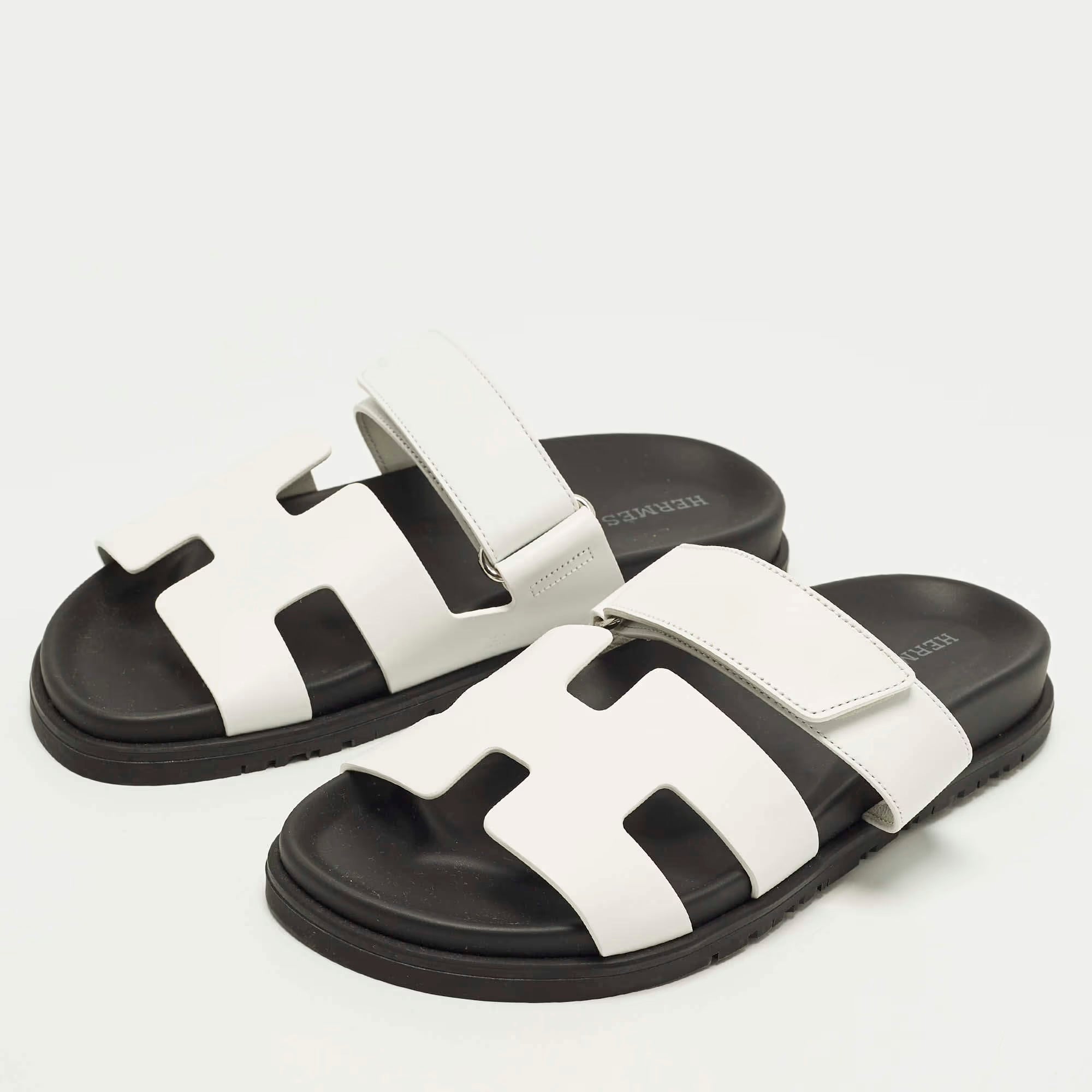 Hermes Chypre Size 37.5 White Leather Flat Slide