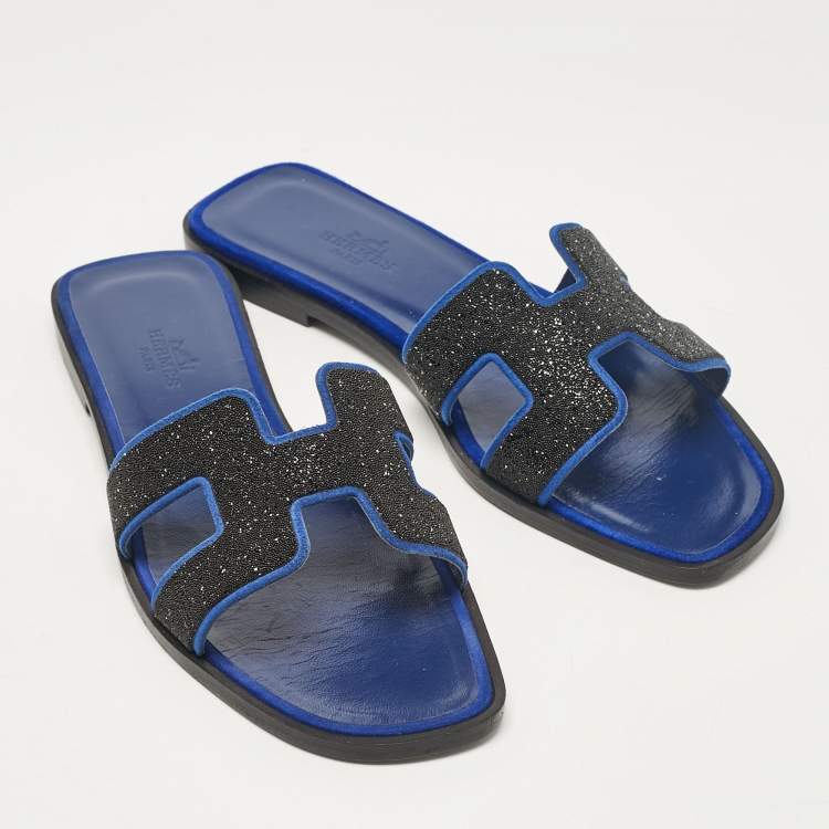 Hermes Blue/Black Suede Crystal Embellished Oran Flat Slides Size 36.5