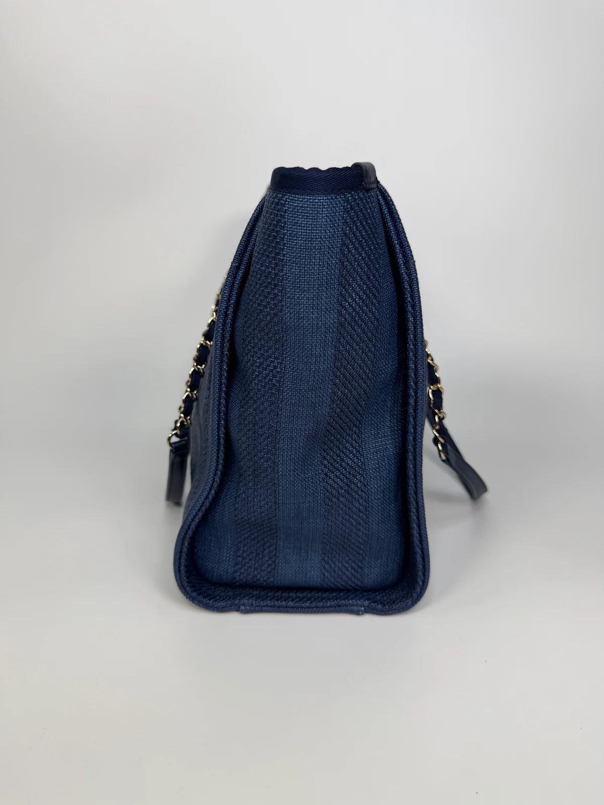 CHANEL SMALL DEAUVILLE TOTE BAG IN DARK BLUE WITH PALE GOLD HARDWARE