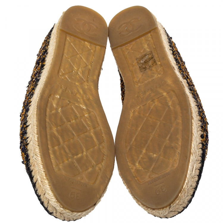 Chanel Black/Gold Tweed And Fabric CC Flat Espadrilles Size 39