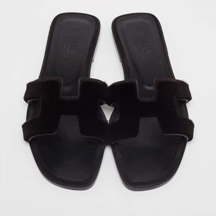 Hermes Black Fur Oran Sandals Size 36