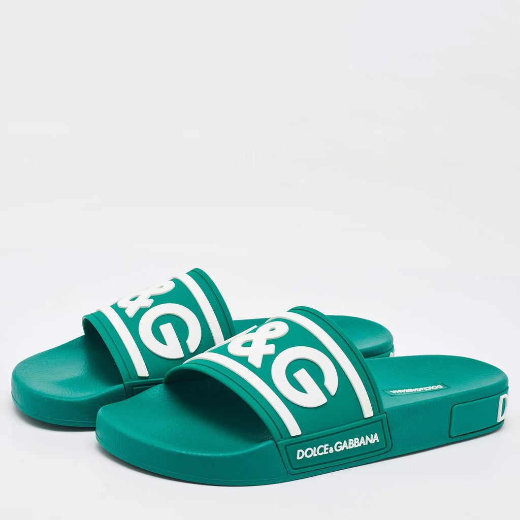 Dolce & Gabbana Dark Green Rubber Logo Flat Slides Size 41