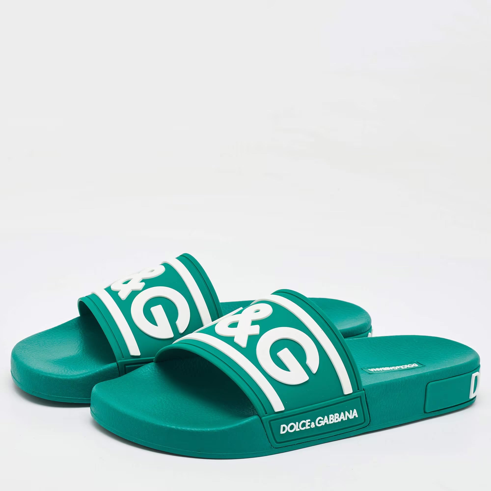 Dolce & Gabbana Dark Green Rubber Logo Flat Slides Size 41
