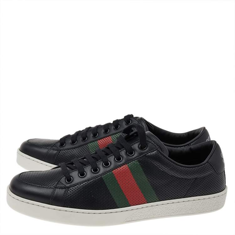 Gucci Black Perforated Leather Web Detail Low Top Sneakers Size 42.5