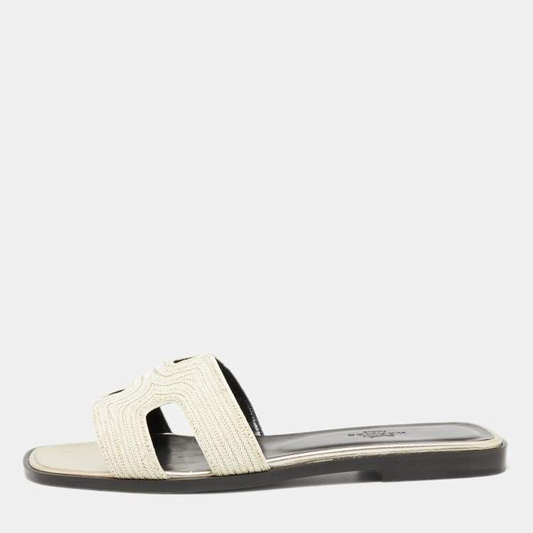 Hermes Beige Fabric Oran Dabka Embroidery Flat Slides Size 37