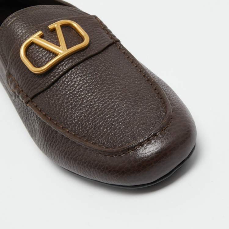 Valentino Dark Brown Leather VLogo Signature Loafers Size 44