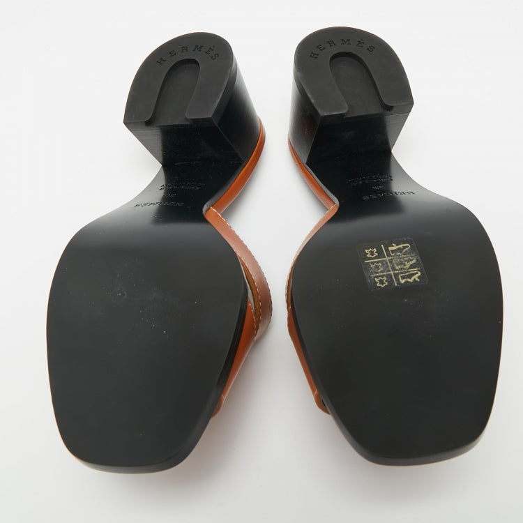 Hermès Brown Leather Helia Slide Sandals Size 36