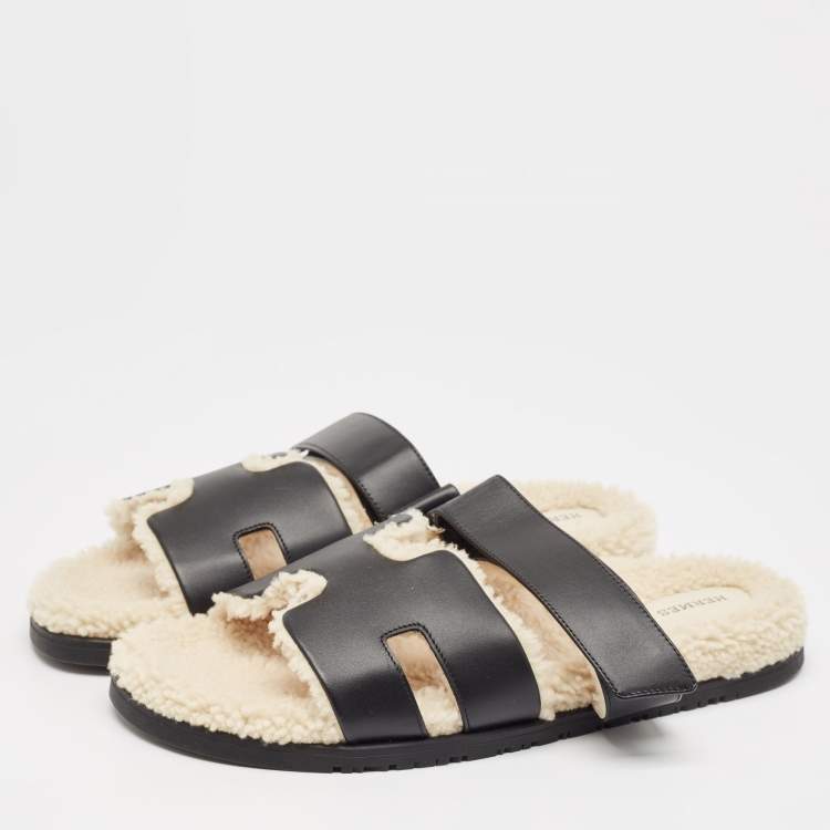 Hermes Black Leather and Shearling Fur Lined Chypre Sandals Size 45.5