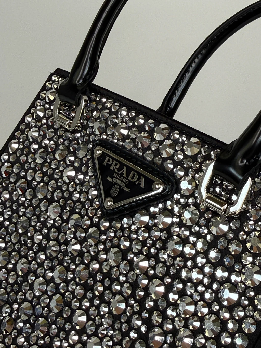 PRADA METAL PANIER SMALL BLACK SATIN CRYSTAL TOTE
