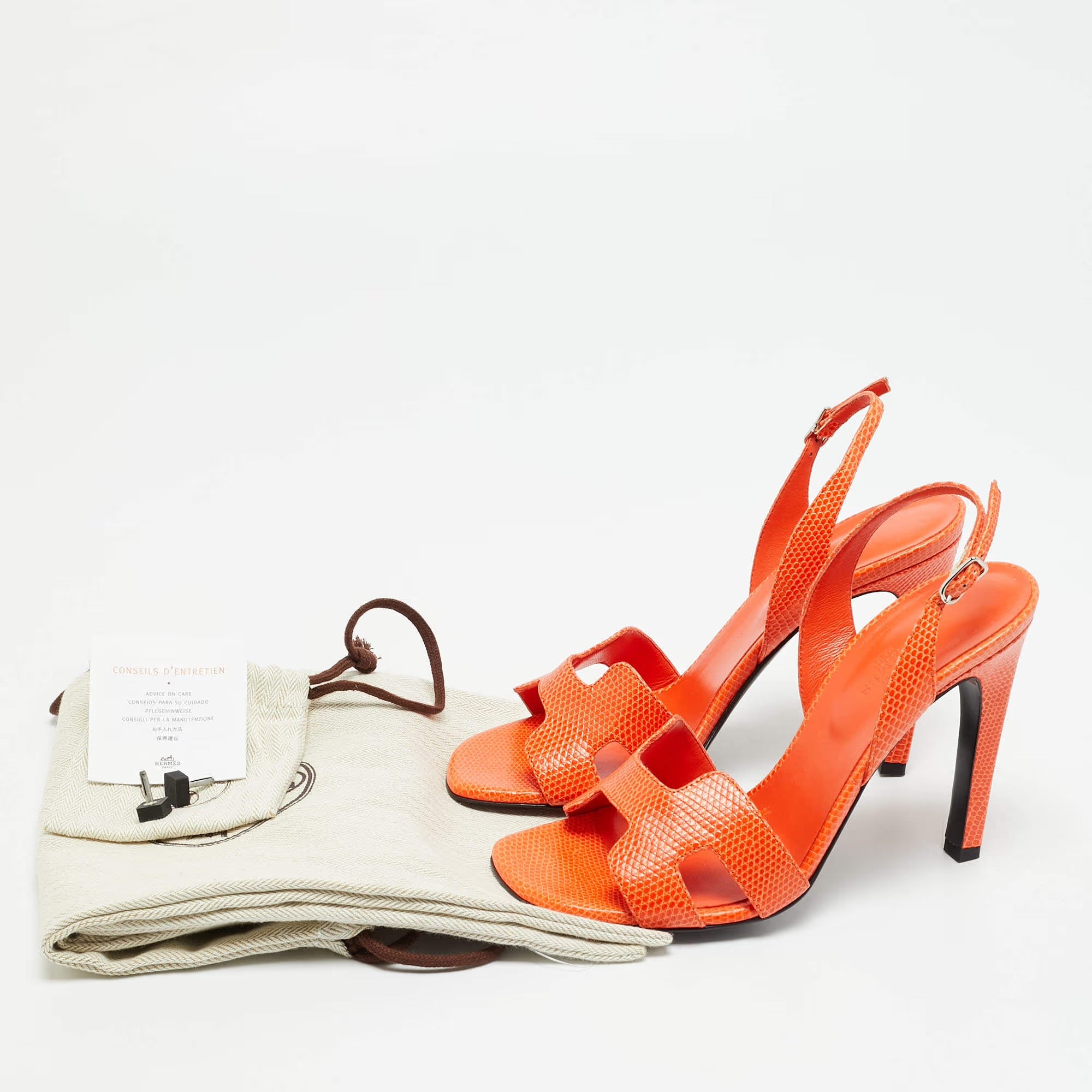 Hermès Holy Size 36.5 Orange Lizard Leather Slingback Sandals