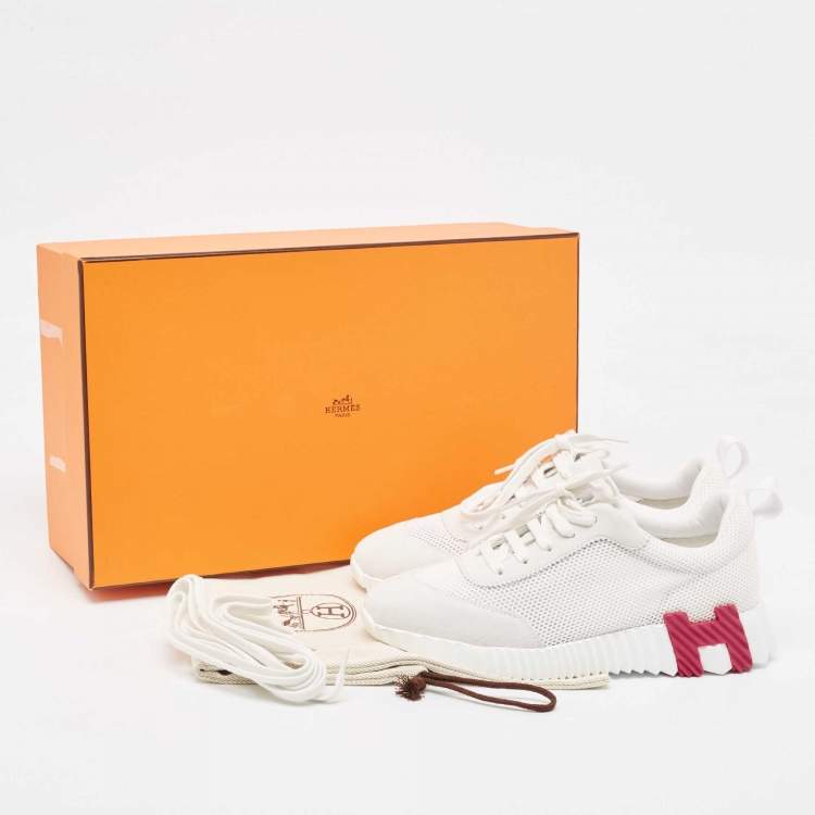 Hermes White Suede and Mesh Bouncing Sneakers Size 37