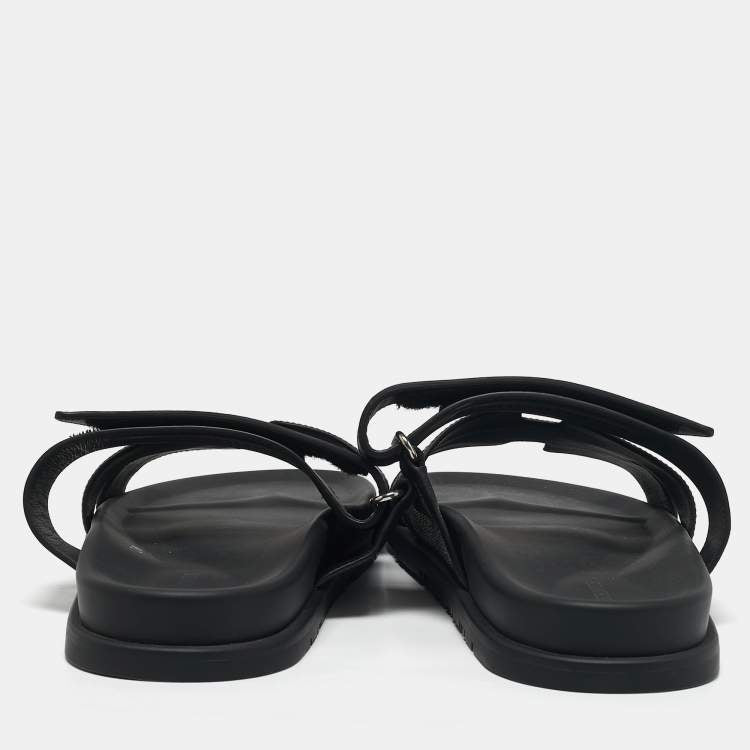 Hermes Black/White Leather and Canvas H Maxi Chypre Flat Sandals Size 45.5