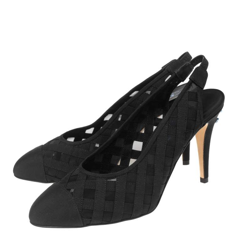 Chanel Black Mesh and Fabric Cap Toe Slingback Pumps Size 39