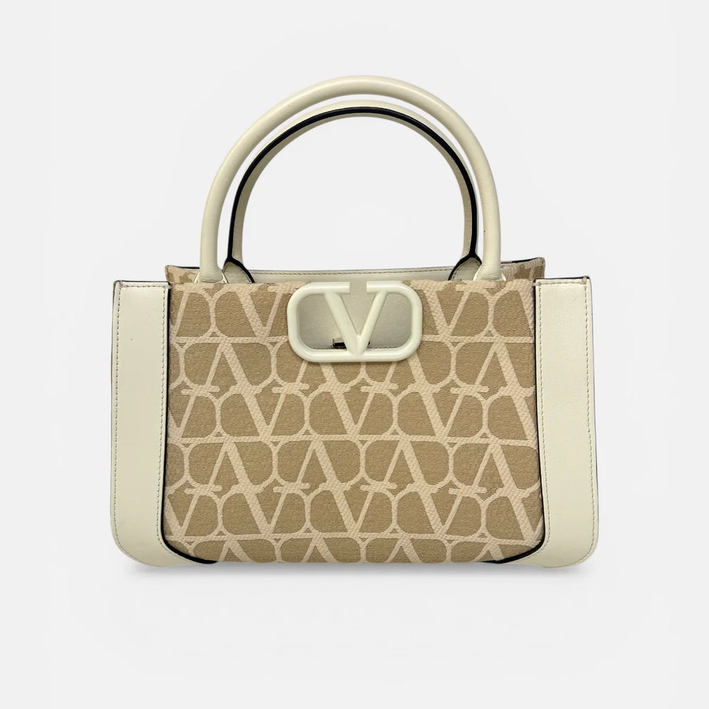 VALENTINO GARAVANI CANVAS TOTE IN BEIGE CANVAS AND LEATHER WITH GOLD HARDWARE