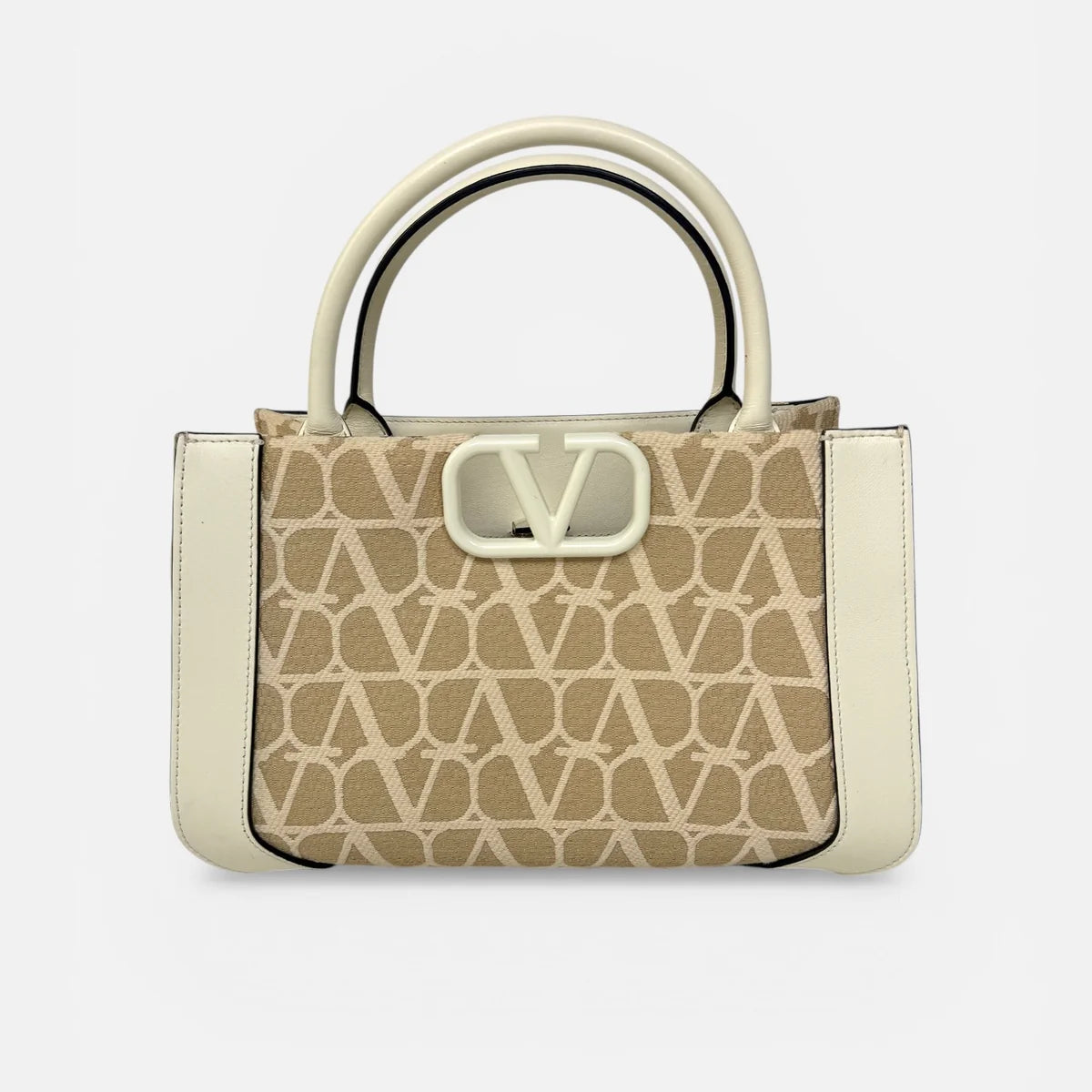 VALENTINO GARAVANI CANVAS TOTE IN BEIGE CANVAS AND LEATHER WITH GOLD HARDWARE