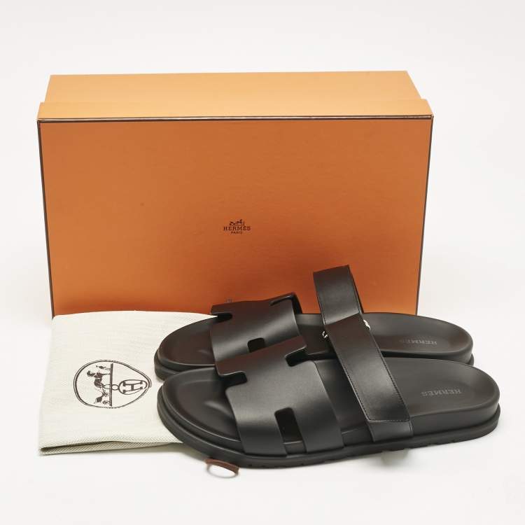 Hermès Black Leather Chypre Sandals Size 43