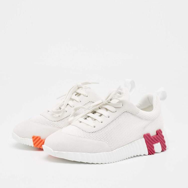 Hermes White Suede and Mesh Bouncing Sneakers Size 37