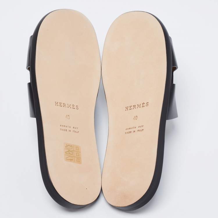 Hermes Black Leather Izmir Slide Sandals Size 40
