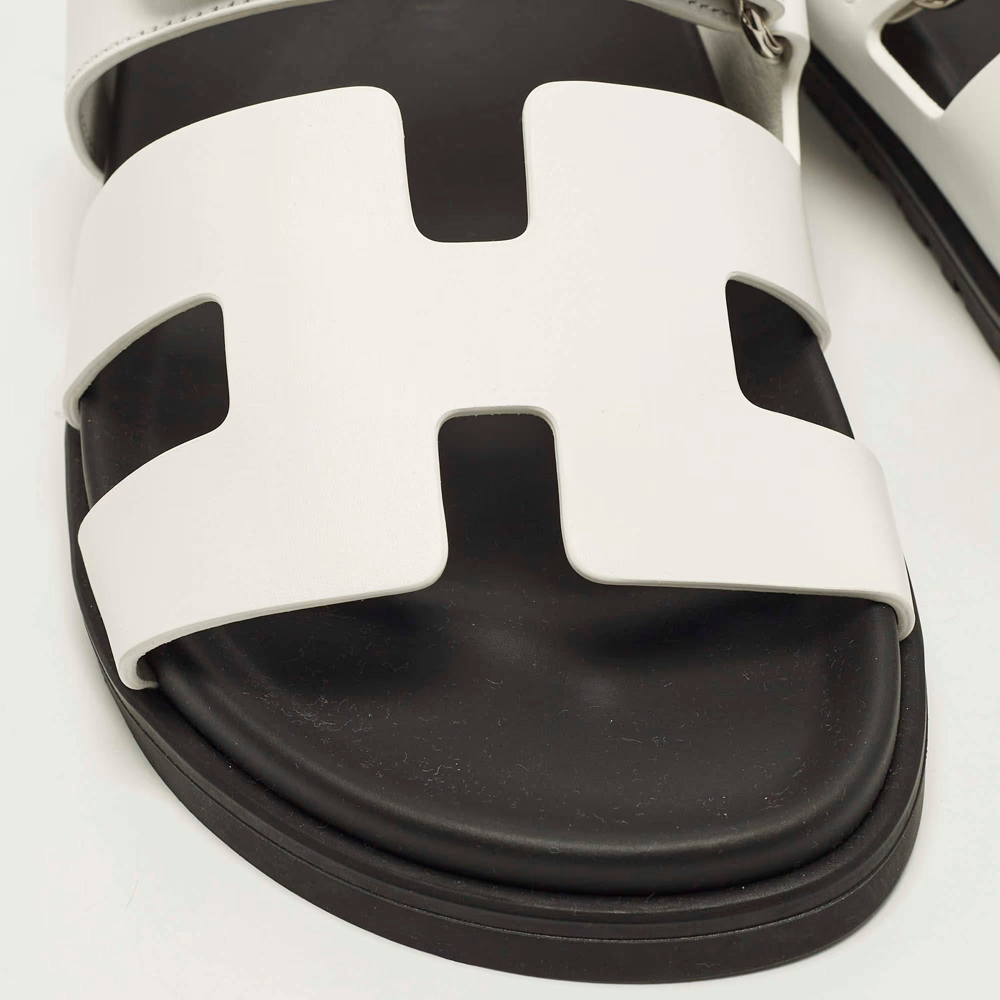Hermes Chypre Size 37.5 White Leather Flat Slide