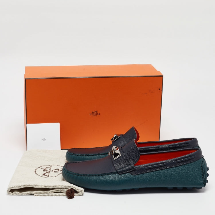 Hermès Green/Navy Blue Leather Irving Loafers Size 43.5