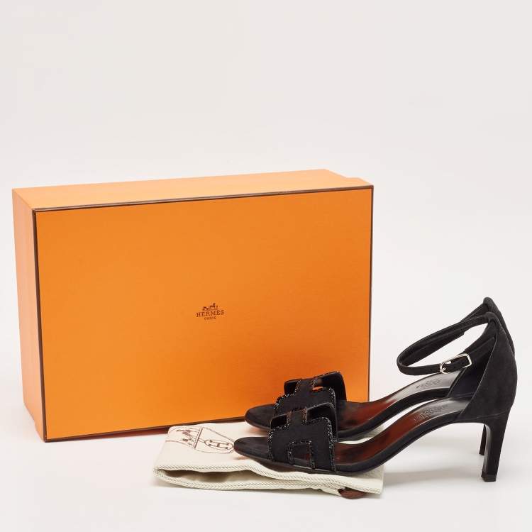Hermes Black Suede Crystal Embellished Premiere Sandals Size 36.5