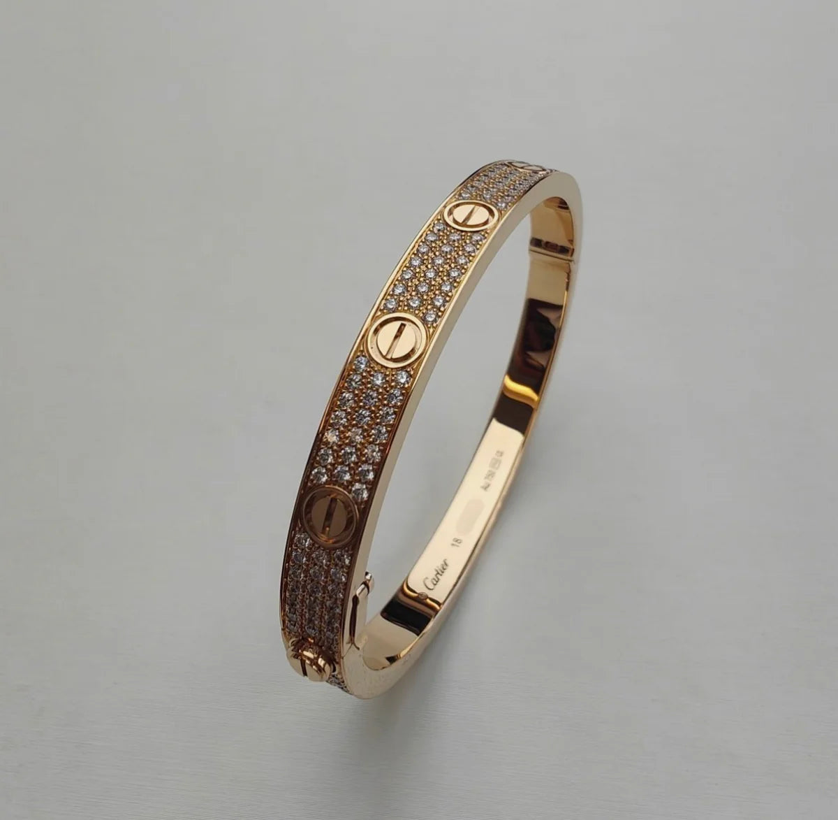 Cartier Love Paved Diamond 18K Rose Gold Cuff Bracelet Size 18