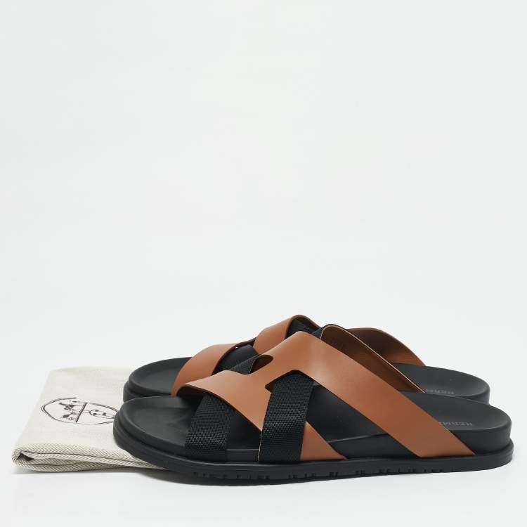 Hermes Brown/Black Leather and Fabric Kazimir Flat Sandals Size 46