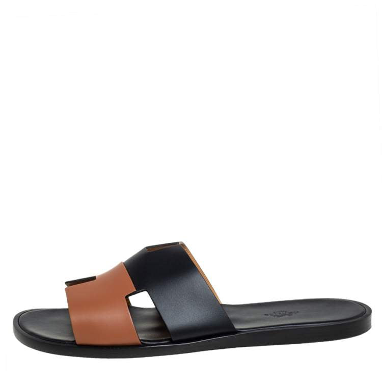 Hermés Black/Brown Leather Izmir Flat Slides Size 44