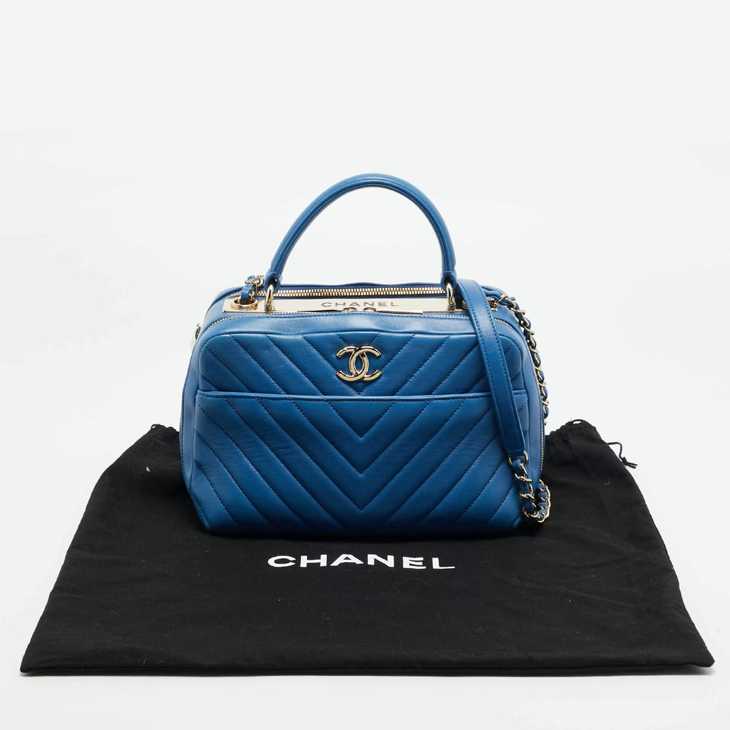 Chanel Trendy CC Medium Blue Chevron Leather Bowling Bag