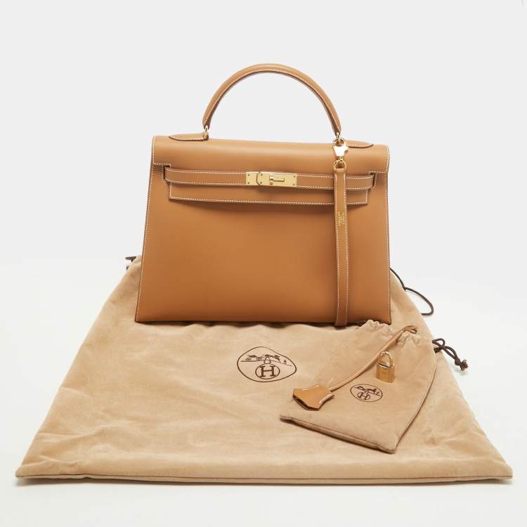 Hermes Kelly Sellier 32 Gold Finish Natural Sable Veau Butler Leather Top Handle Bag