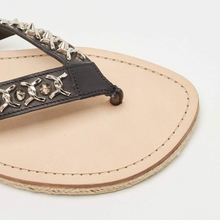 Christian Louboutin Black Leather Spike Thong Sandals Size 43
