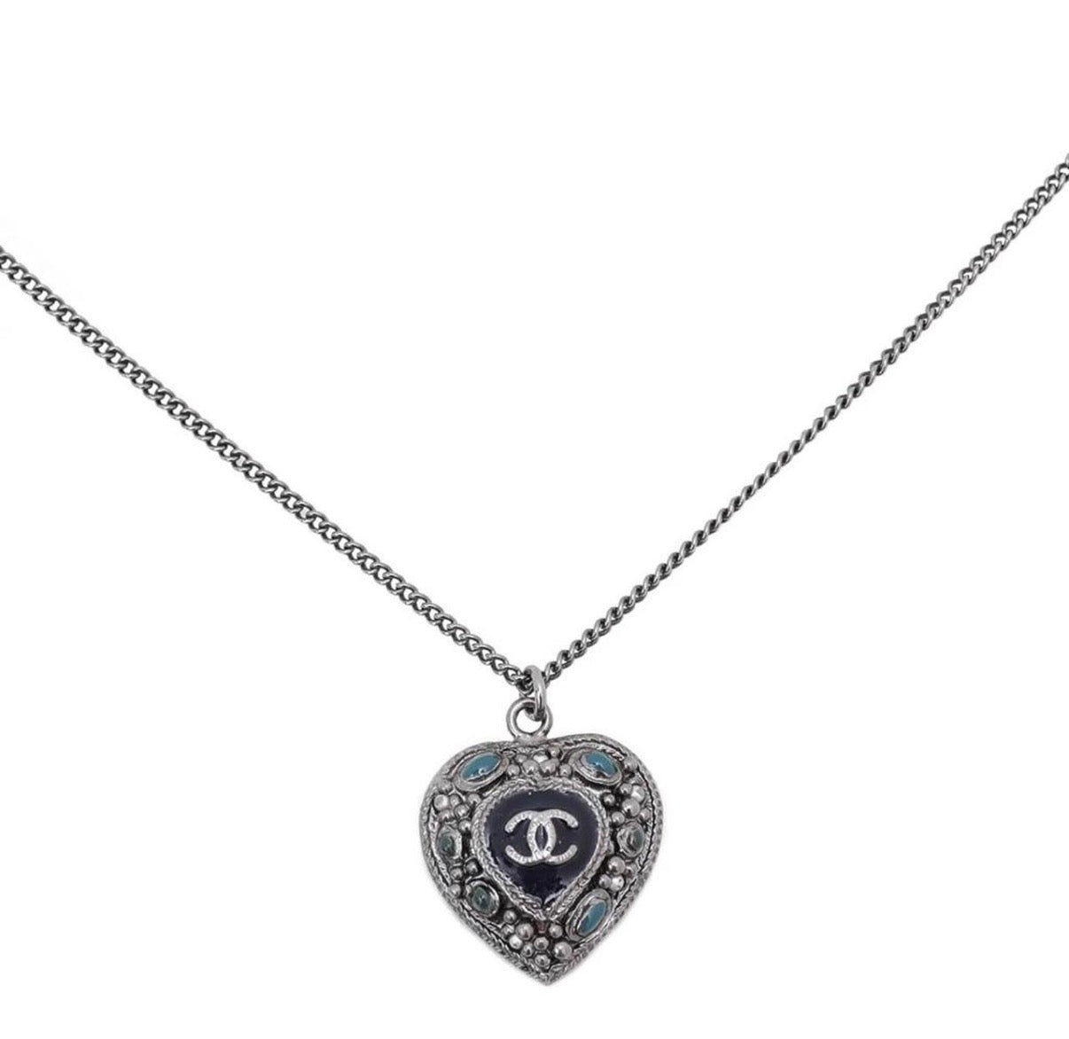 Chanel Blue CC Pearl Enamel Heart Pendant Necklace